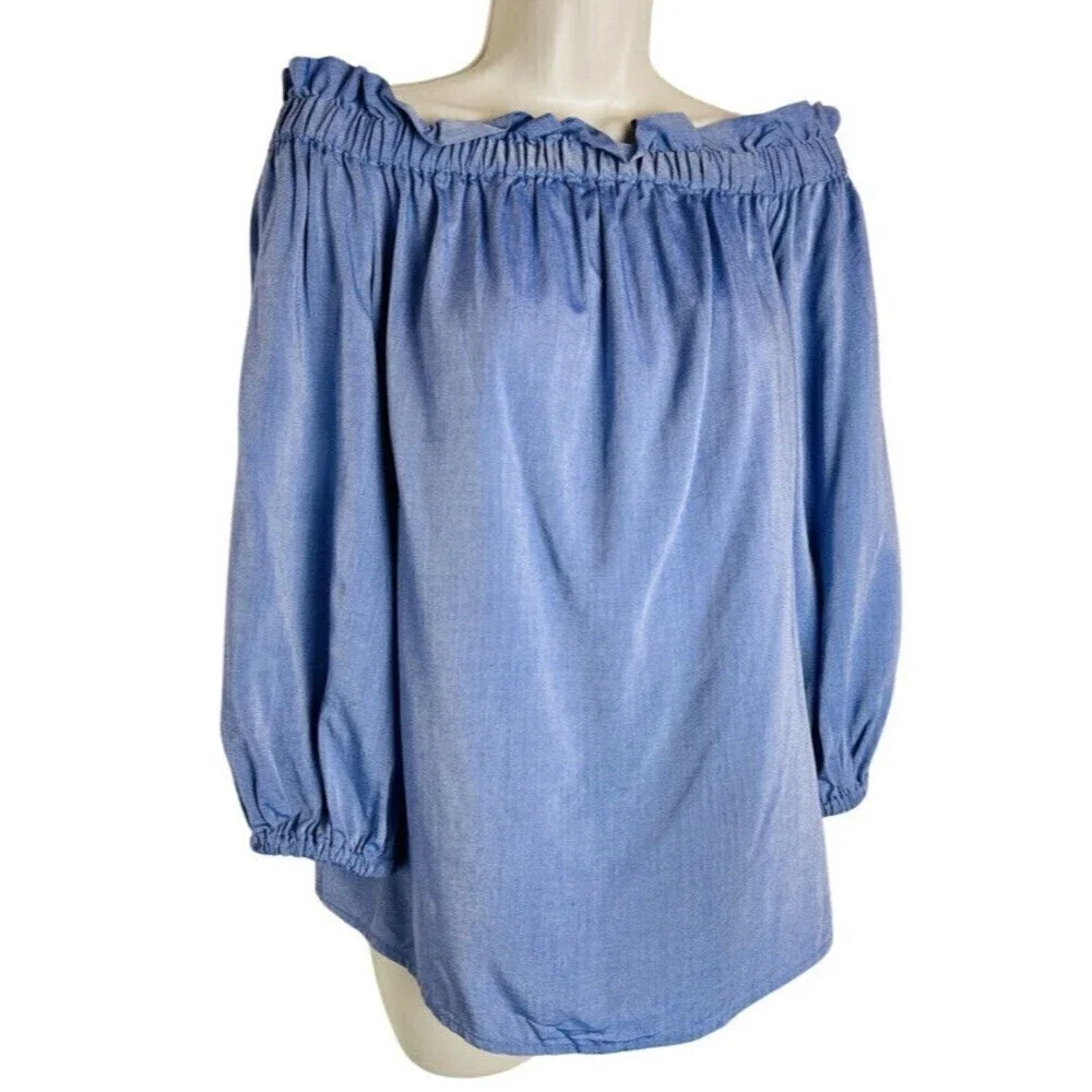Banana Republic Womens Blue Chambray Off The Shoulder Top Size S Puff Sleeve